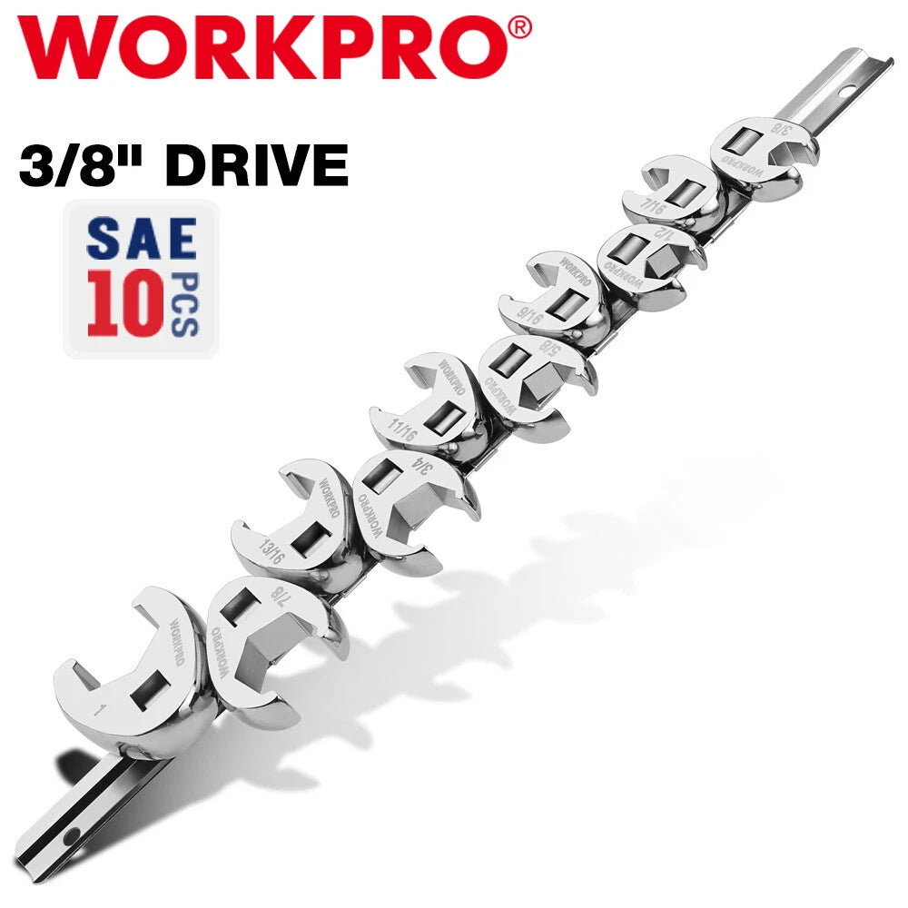 WORKPRO 3/8" Drive Crowfoot Flare Nut Wrench Set 10PC SAE 3/8"-1" Steel Wrenches