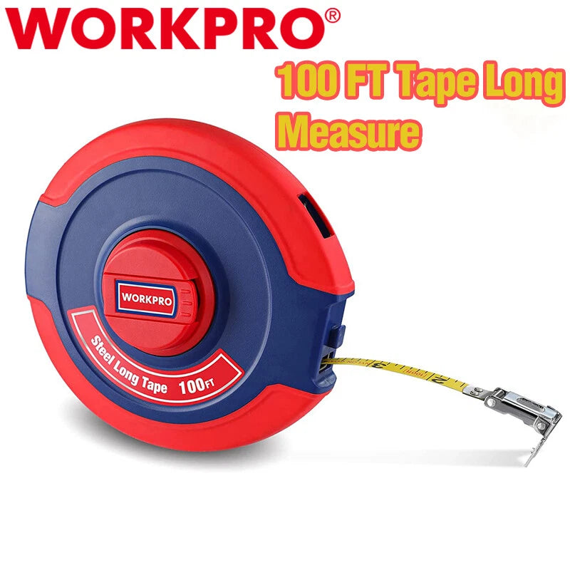 WORKPRO 100FT Tape Measure Closed Reel Steel Long Tape Plastic Nylon Coated Case