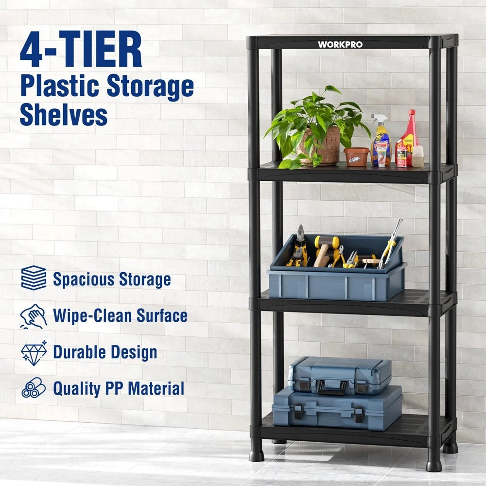 WORKPRO 51" 4-Tier Plastic Storage Shelving Unit 400lb Capacity Screw Free Shelf