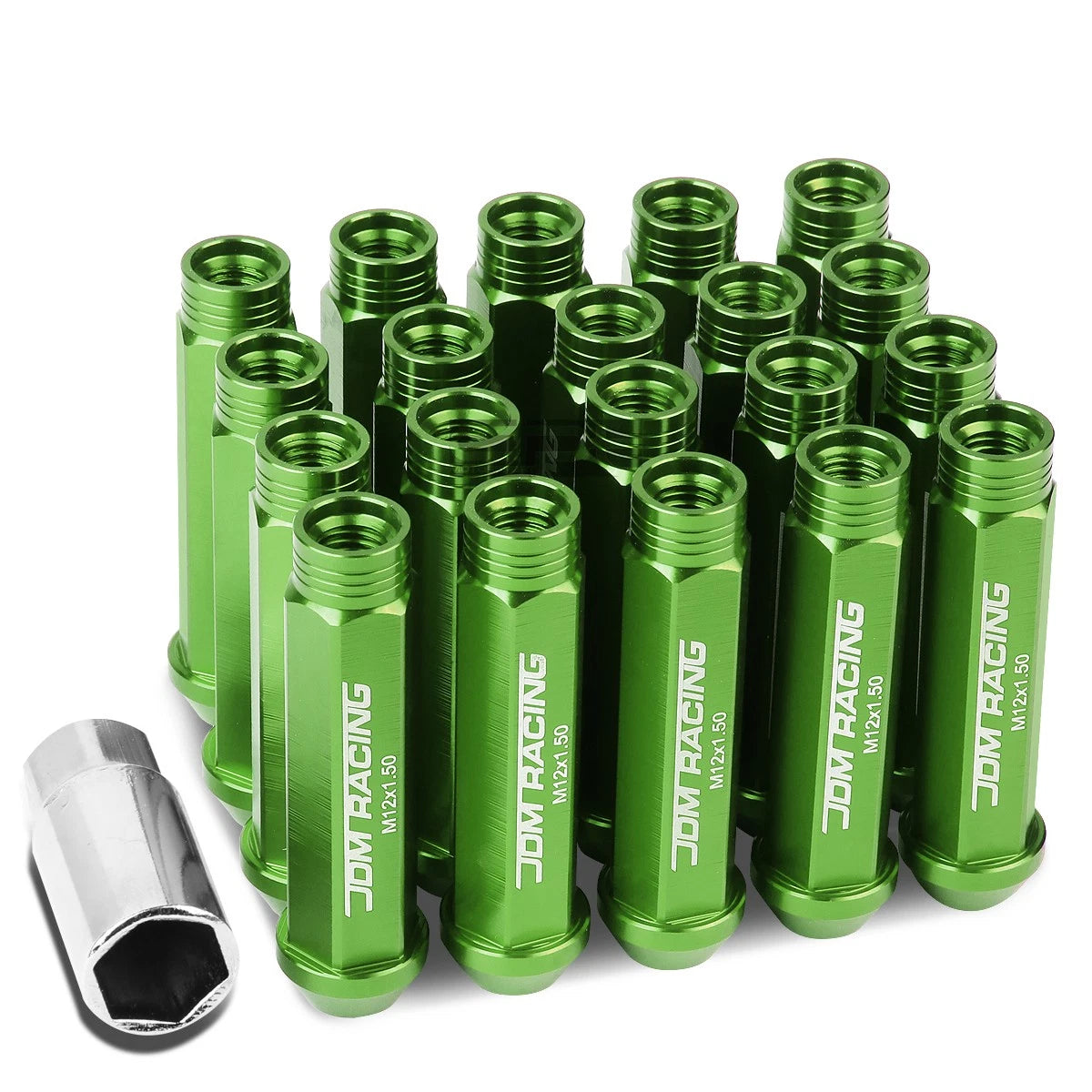 Open End M12x1.5 90mm Tall 25mm Od Green Aluminum Jdm Lug Nuts+adapter