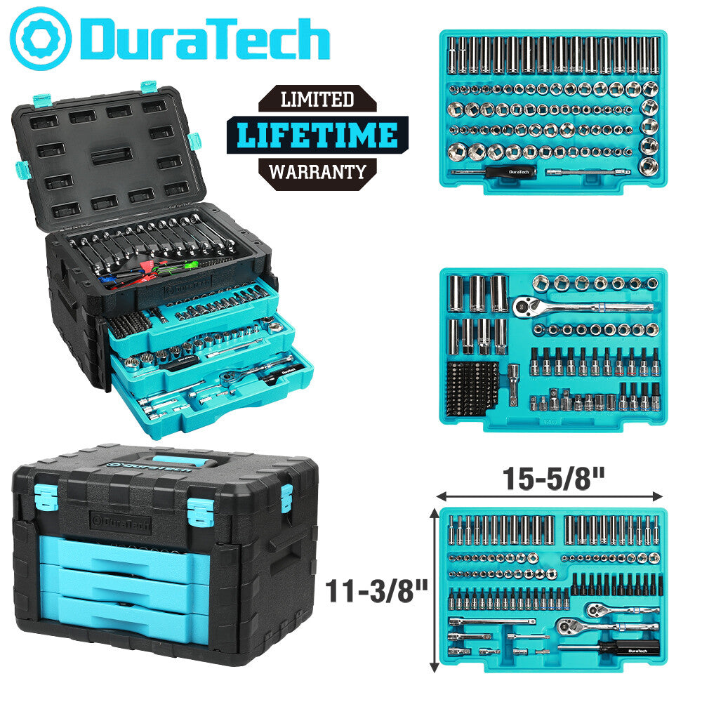 DURATECH 497 PC Mechanics Tool Set w/SAE/Metric Sockets w/3 Drawer