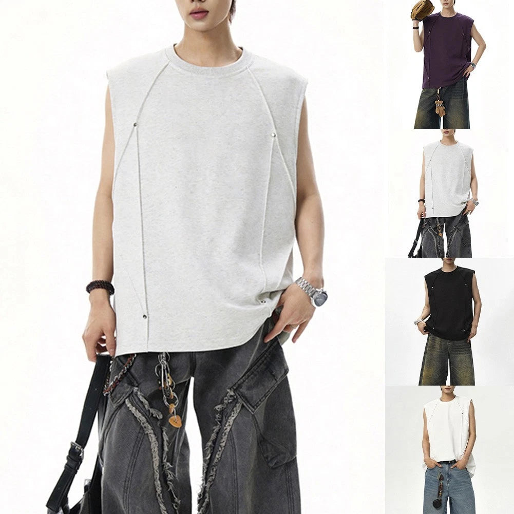 Men's Rivet Sleeveless Tank Vest - Cotton Polyester Blend Casual Wear