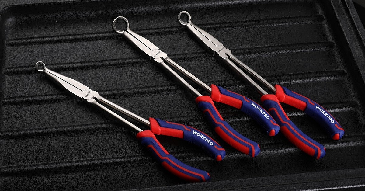 WORKPRO 11 Inches 3-Piece Long Reach Hose Grip Plier Set Ring Nose Hose Blue Red