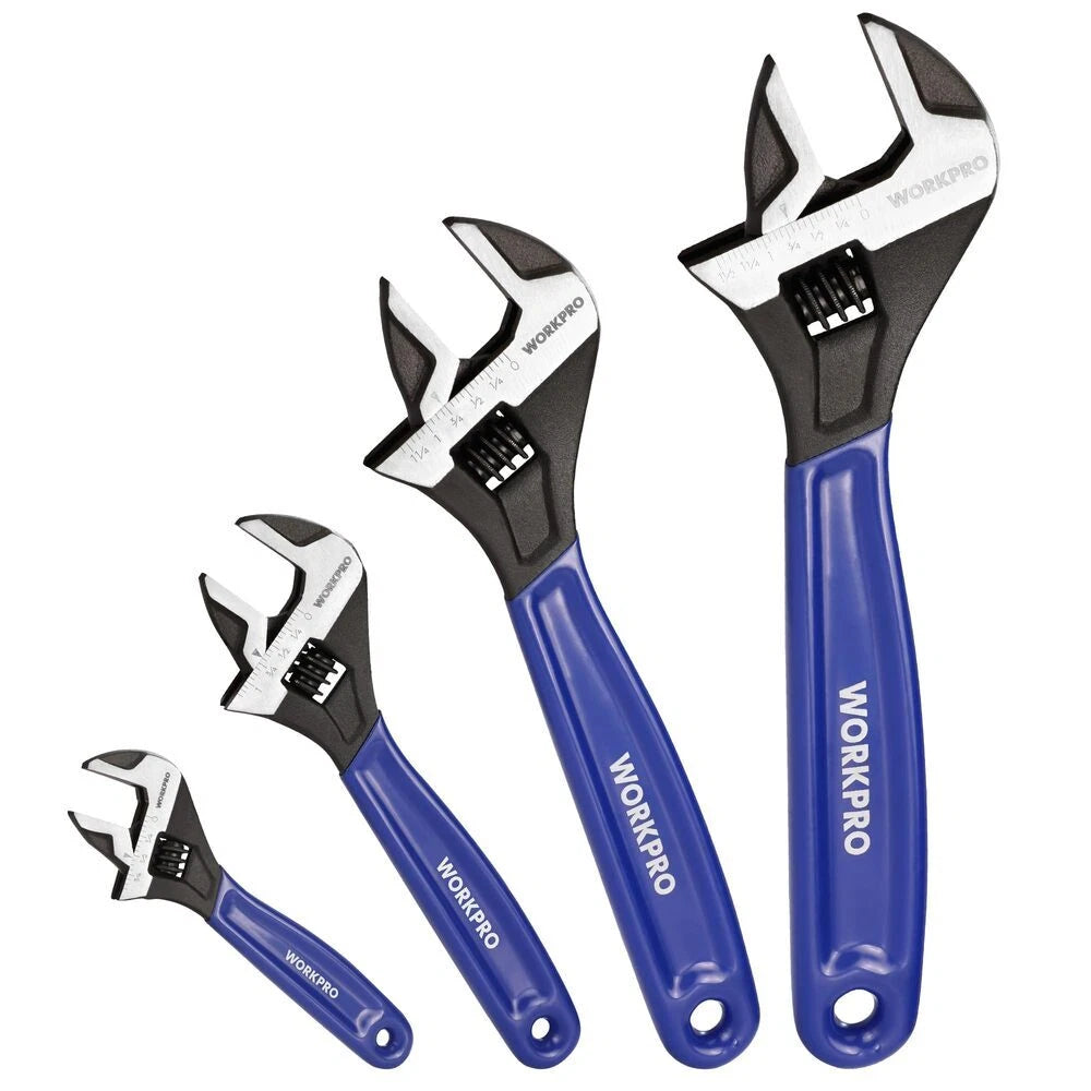 WORKPRO 4-Piece Adjustable Wrench Set 6" 8" 10" 12" Wide Jaw Metric &amp; SAE Scales