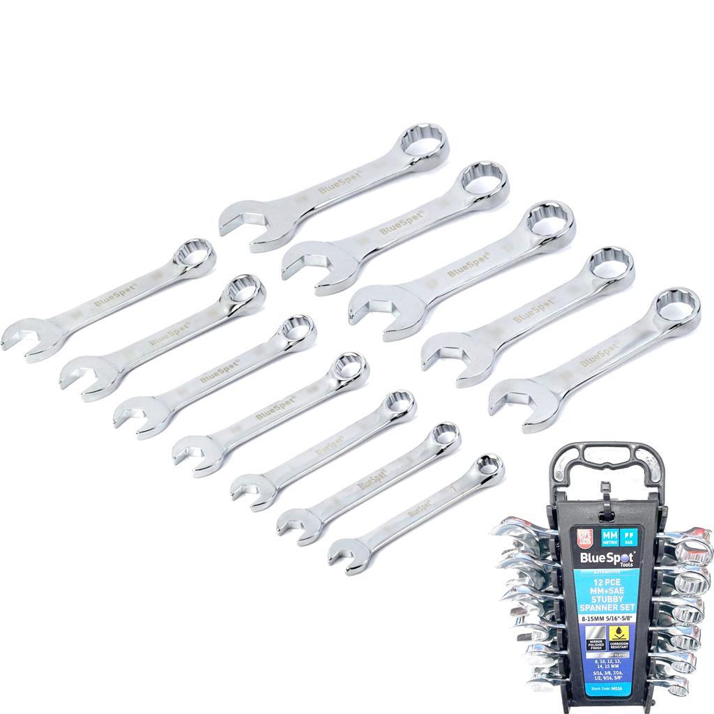 BlueSpot 12pc Combination Spanner Set Metric SAE Stubby Wrench Spanners Opens in