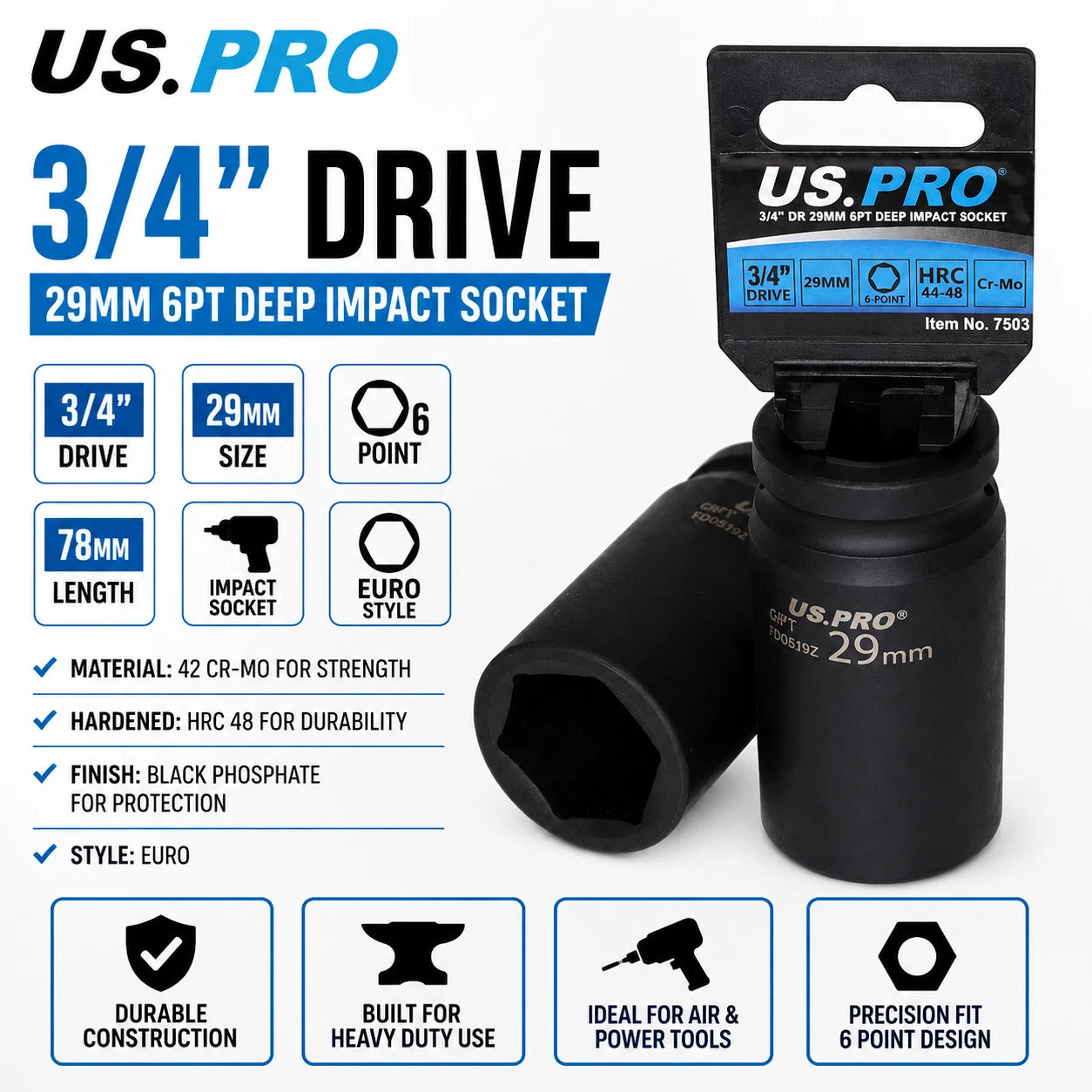 Us Pro 29mm Deep Impact Socket 3/4 Drive 6 Point Cr-mo Euro 78mm