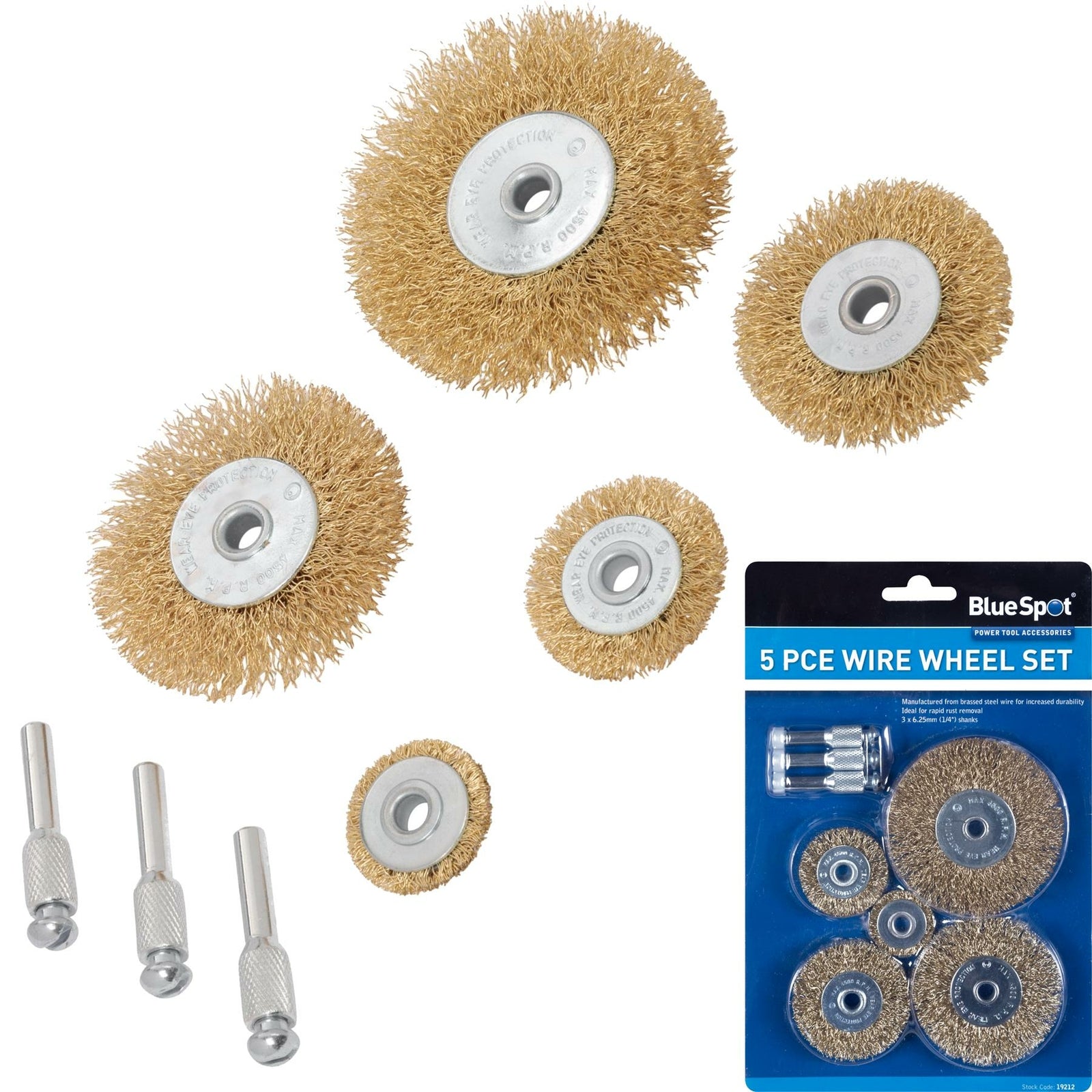 BlueSpot 5pc Wire Wheel Brass Brush Drill Set by BlueSpot