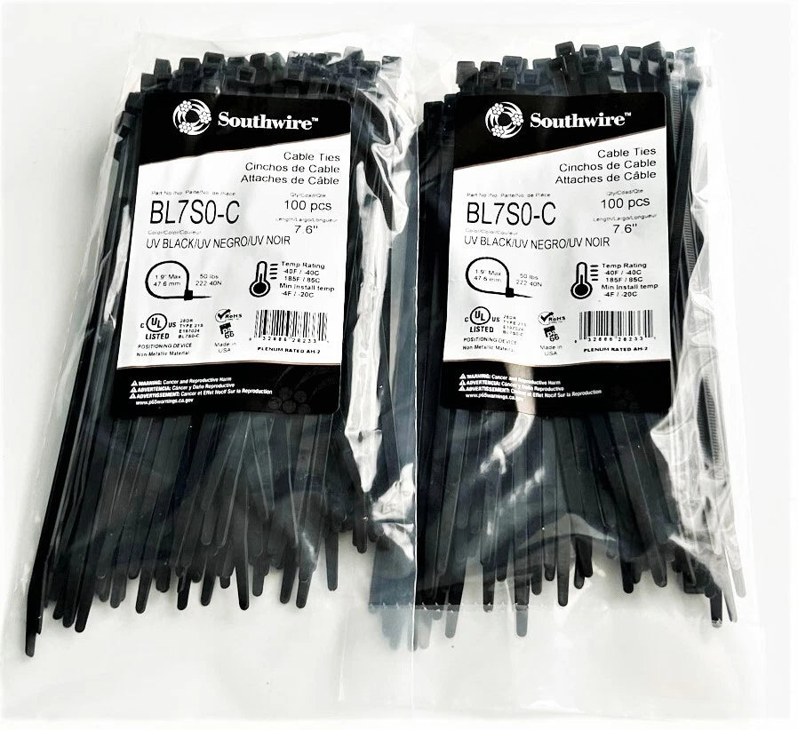 200 Southwire 7" Uv Black Nylon Wire Cable Zip Ties 50lb Usa Made