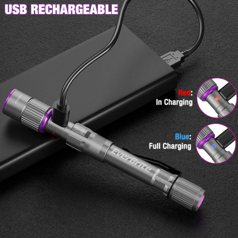 Everbrite Rechargeable Led Pen Flashlight Uv White Light 395nm Black