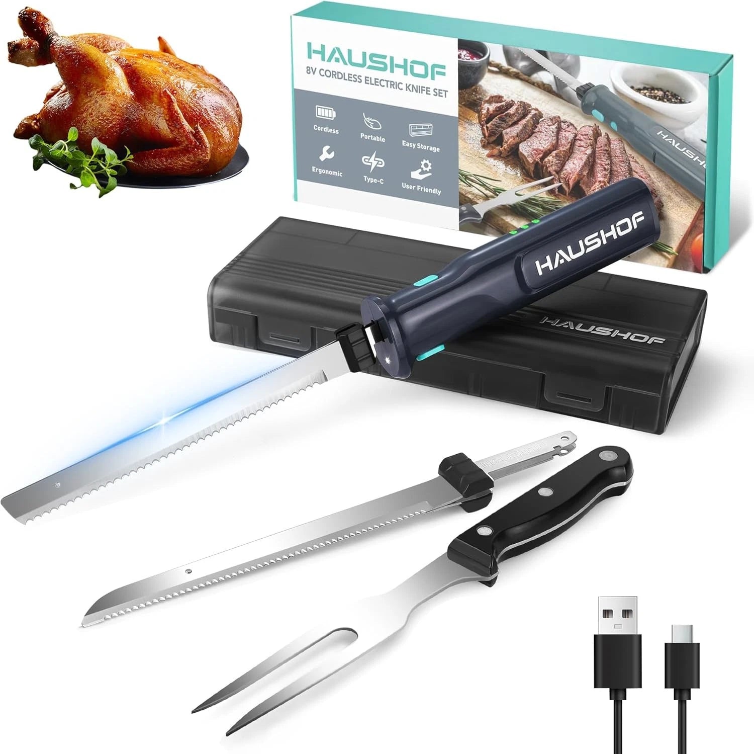 Haushof Cordless Electric Knife Sets For Meat Slicing 8V Carving