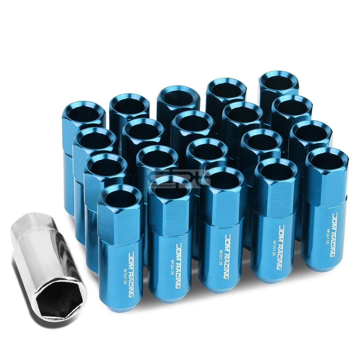 20 Open End M12x1.25 60mm Tall 25mm Od Sky Blue Hexagon Jdm Lug