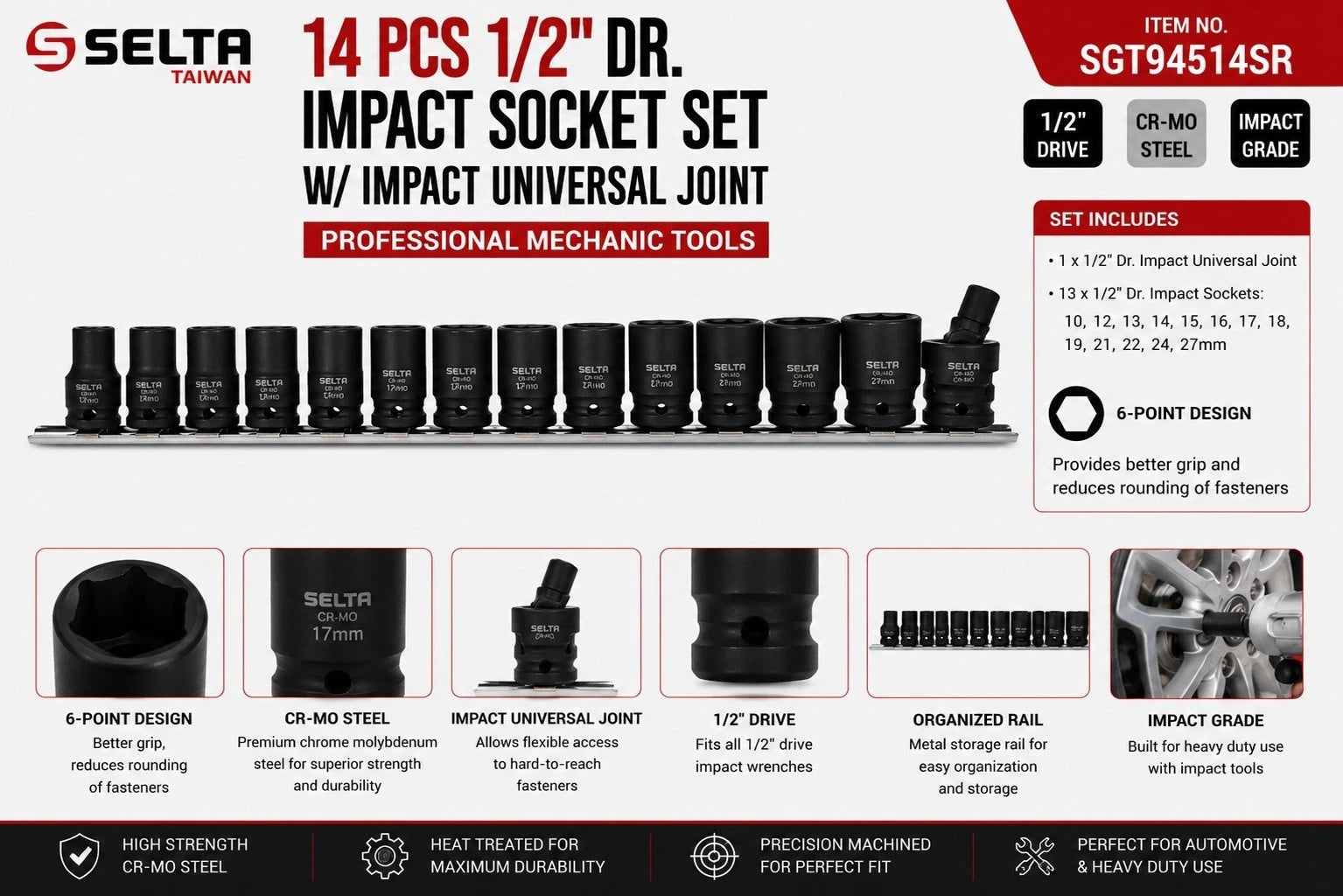 Selta Taiwan 10-27mm 1/2" Dr. Impact Socket Set With Swivel Universal