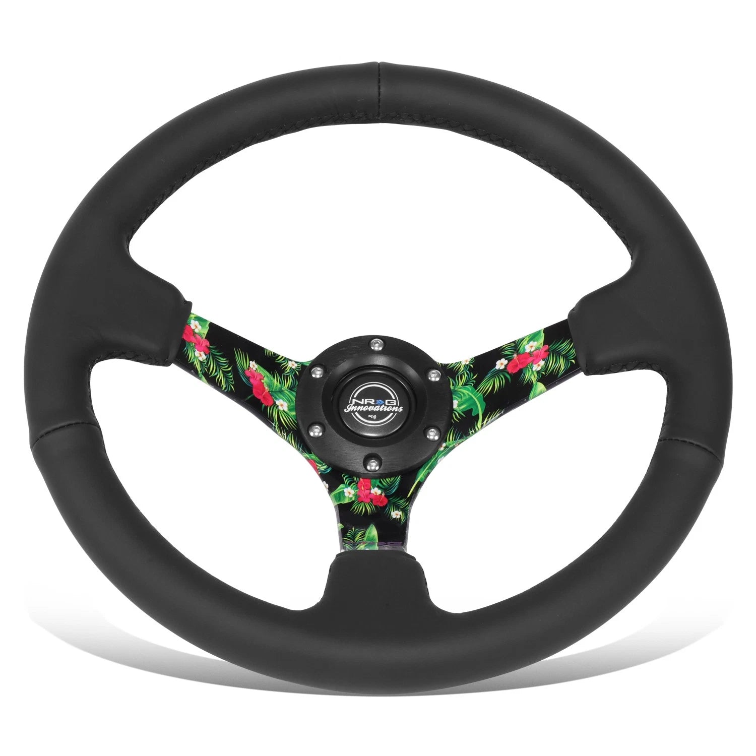 350mm 3" Nrg 3-spoke Black Leather Flower Pattern Black Stitching