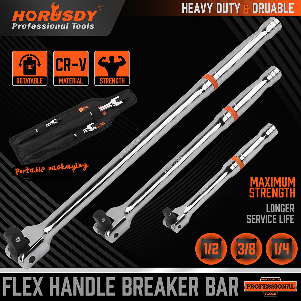 3-Piece Flex-Head Breaker Bar Set 1/2" 3/8" 1/4" Drive 15" 10" 6"  180 Rotatable