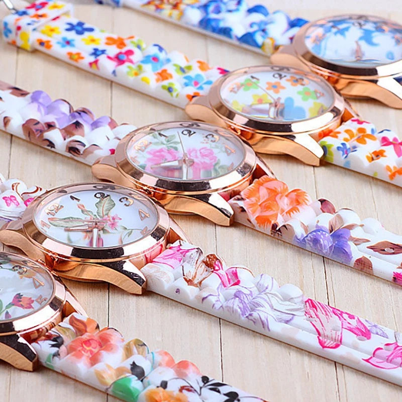 Fashion Women's Watch Silicone Printed Flower Quartz Analog Wrist