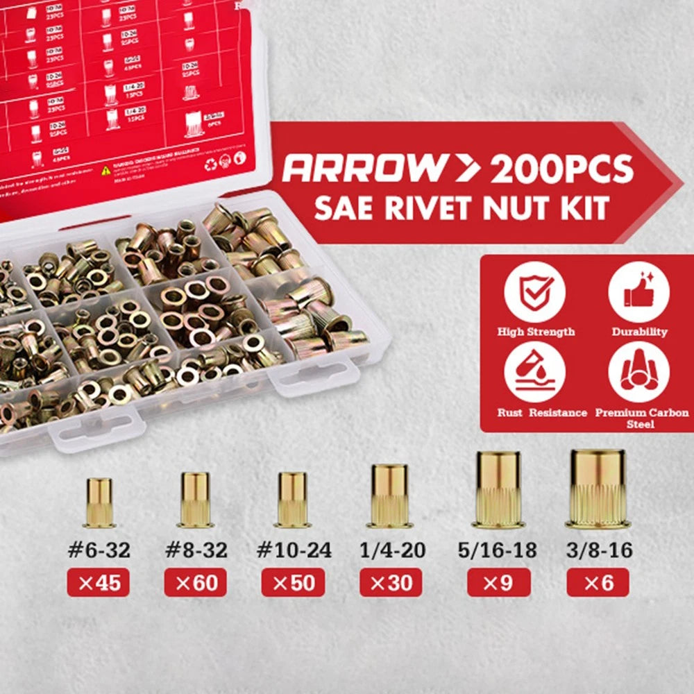 Arrow 200PCS SAE Rivet Nut Kit For Rivnut Tool Nut Setter Thread Set Nutsert Gun