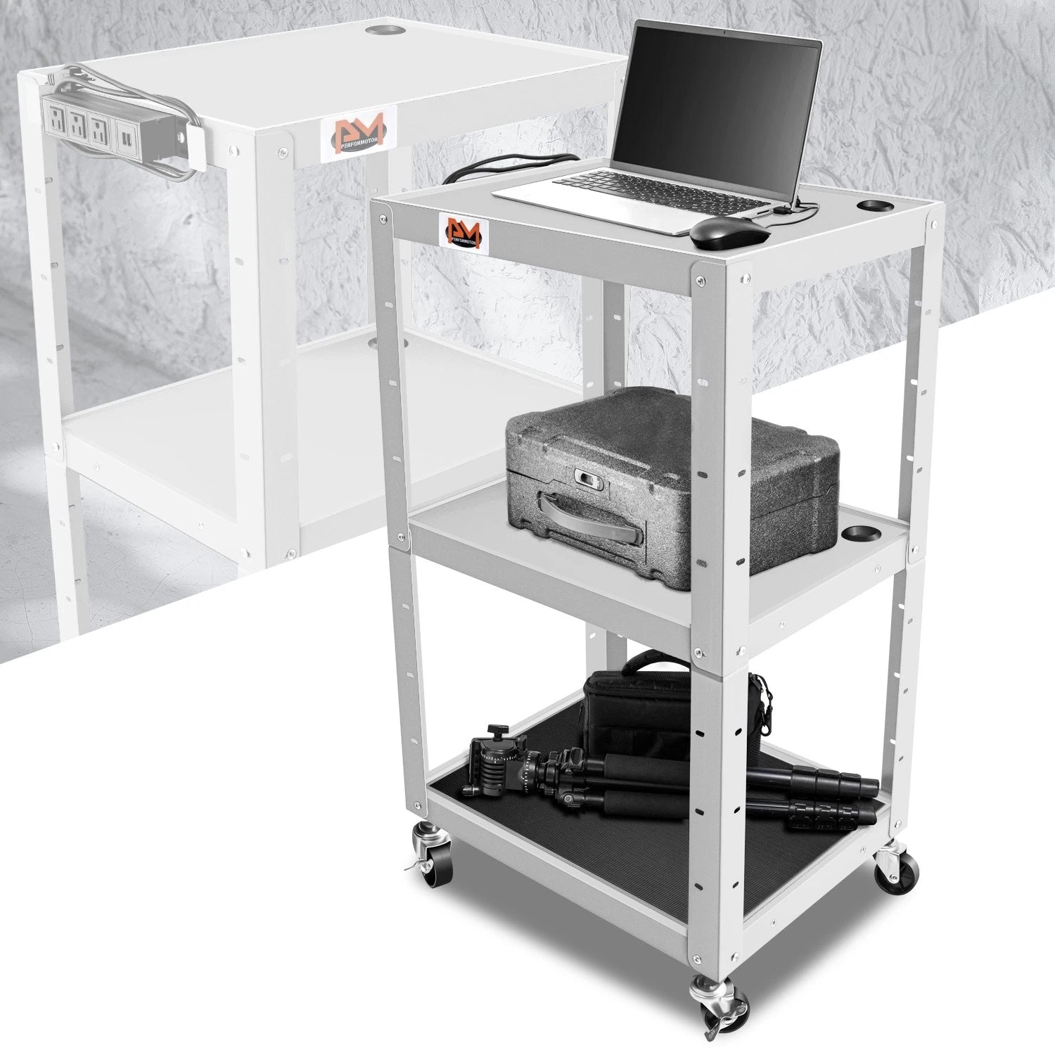 24"-42" Adjustable Gray 3-shelf Metal Cart Usb Power Strip W/