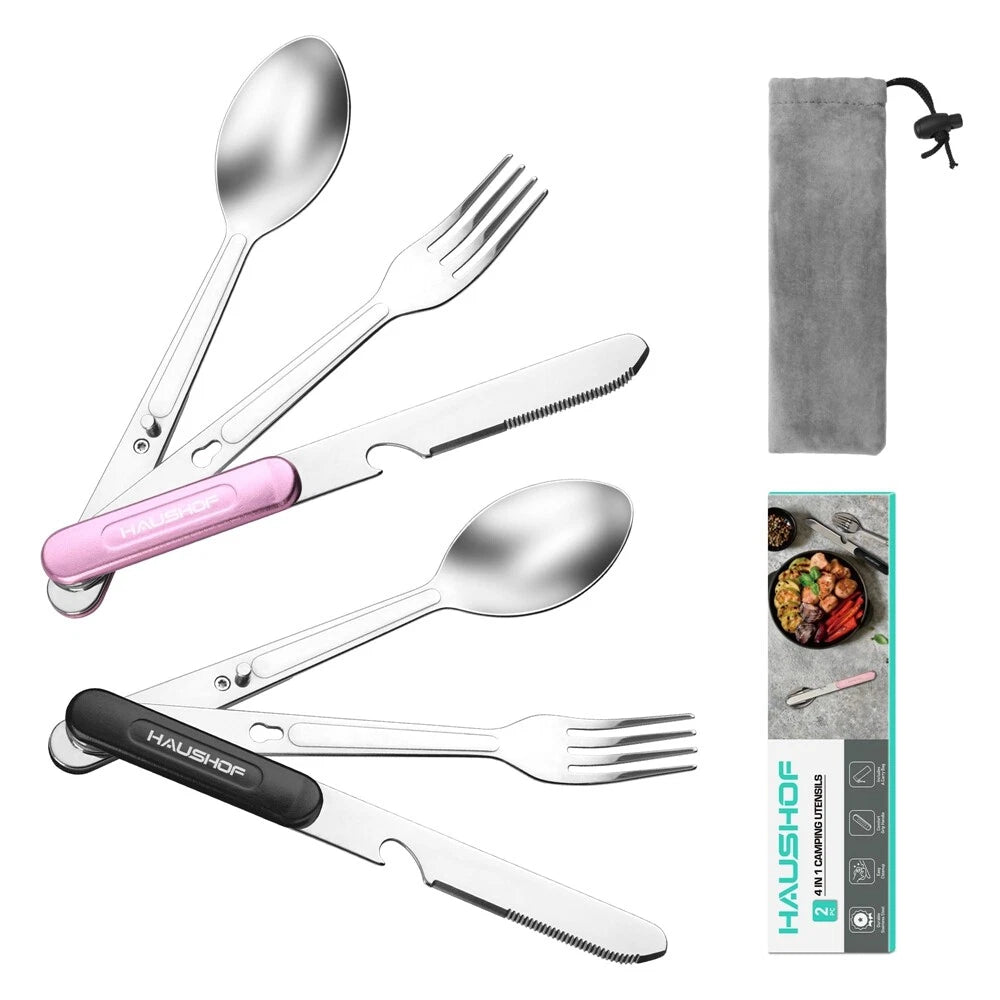 Haushof 4-in-1 Camping Utensils Detachable Spoon Fork Knife & Bottle