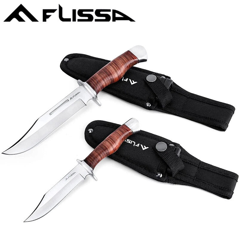 Flissa Fixed Blade Bowie Knife Full Tang Hunting Knife Leather Handle
