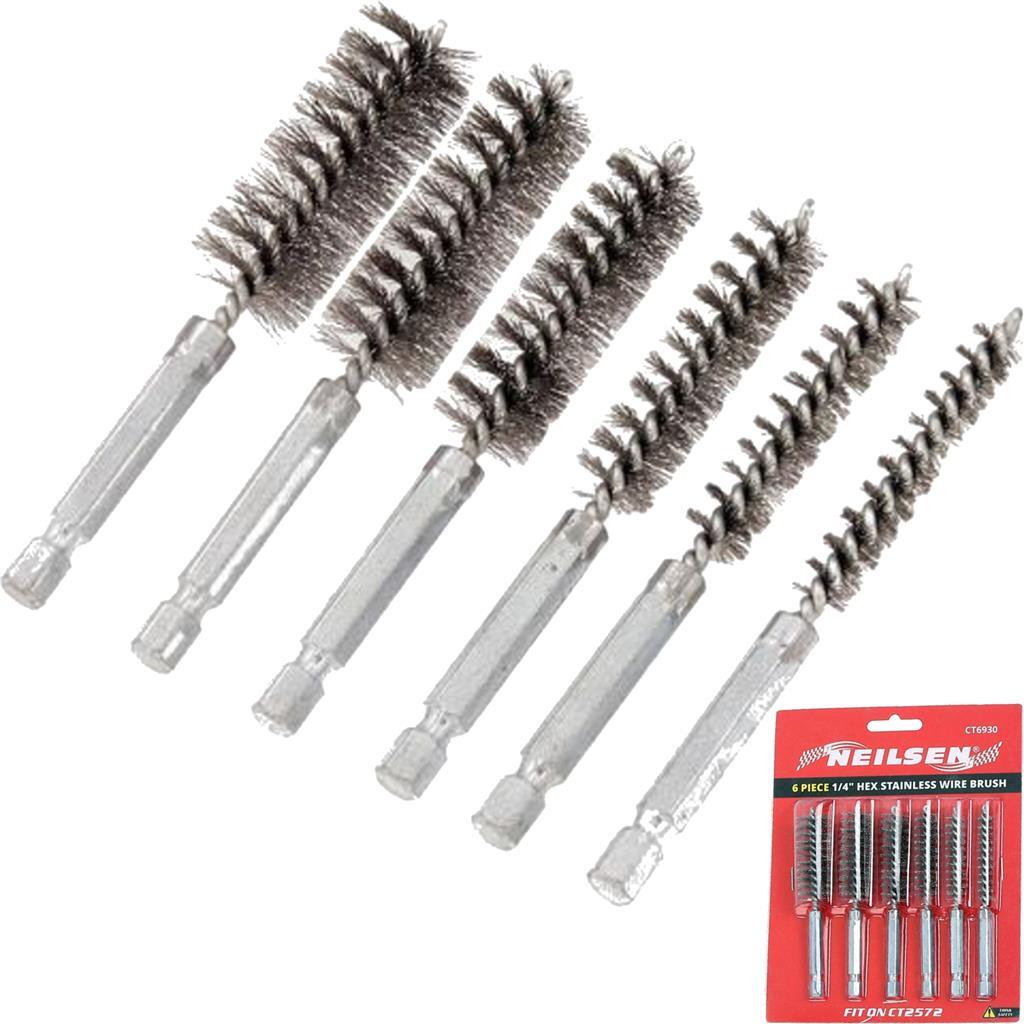 Neilsen 6pc Pipe Cleaning Stainless Steel Wire Brush Set 1/4" Hex