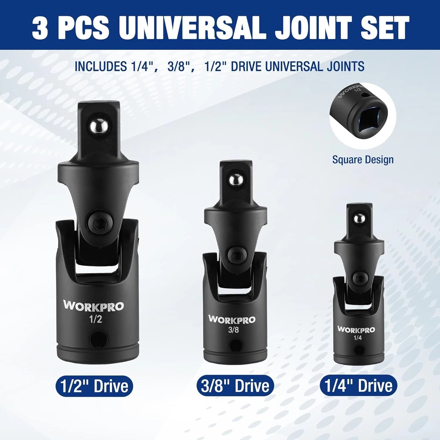 Workpro 3-piece 1/4" 3/8" 1/2" Drive Universal Joint Socket Adapter