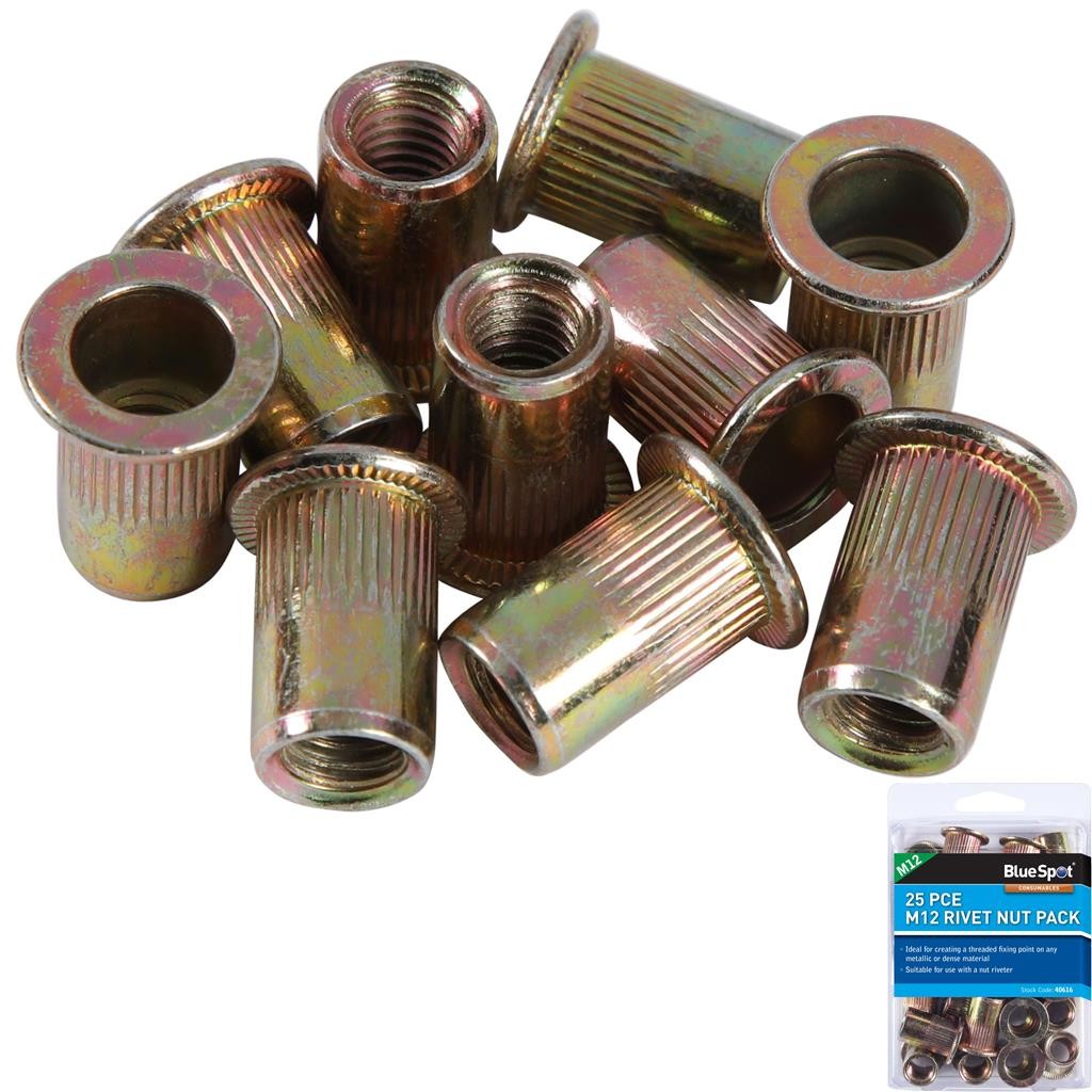 Bluespot 25pc Rivet Nuts Pack Blind Threaded Insert M12 Nutsert Riveting KitOpen