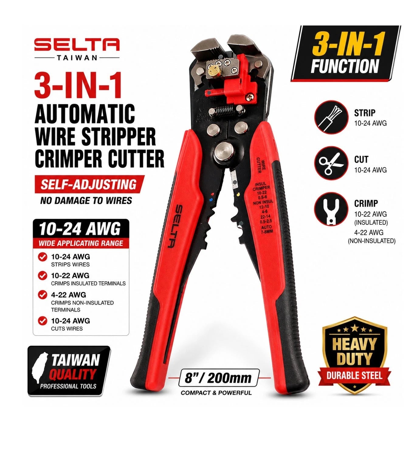 Selta Taiwan 8" 3-in-1 Automatic Wire Stripper Cutter & Crimping