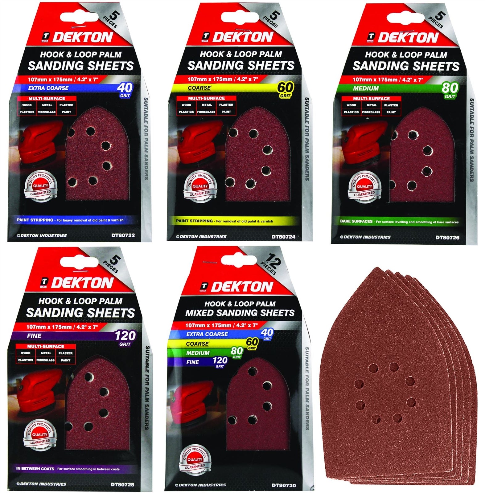Dekton Detail Palm Sanding Pads Triangle Sheets 40 60 80 120 Or Mixed Grit 107mm