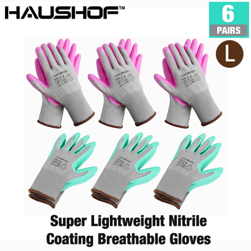 HAUSHOF 12-Pack Garden Gloves Nitrile Coated Working Gloves w/Pink &