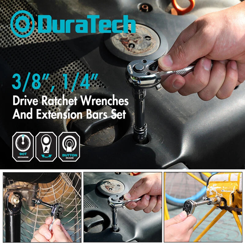Duratech Stubby Ratchet Set 1/4" 3/8" Ratchet Sets 2 Extension Bar