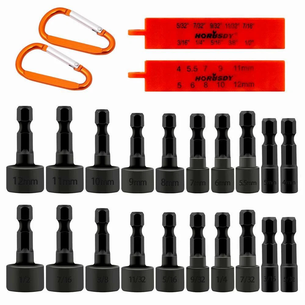 22PCS Power Nut Driver Bit Set Quick Change MM &amp; SAE Impact 1/4" Hex Shank