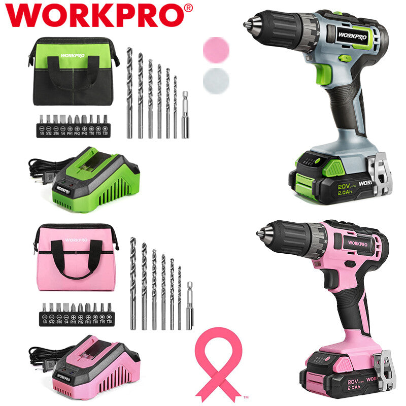 WORKPRO Pink/Green Cordless Drill Driver Sets 3/8" Keyless Chuck