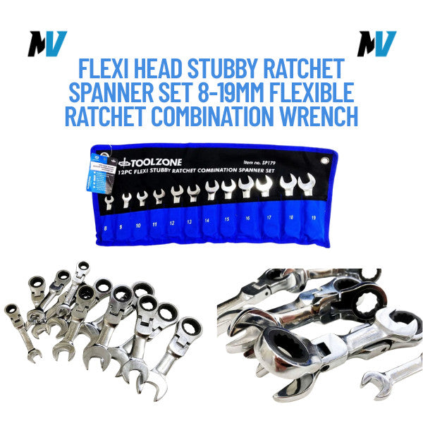 Flexi Head Stubby Ratchet Spanner Set 8-19mm Flexible Ratchet Combinat