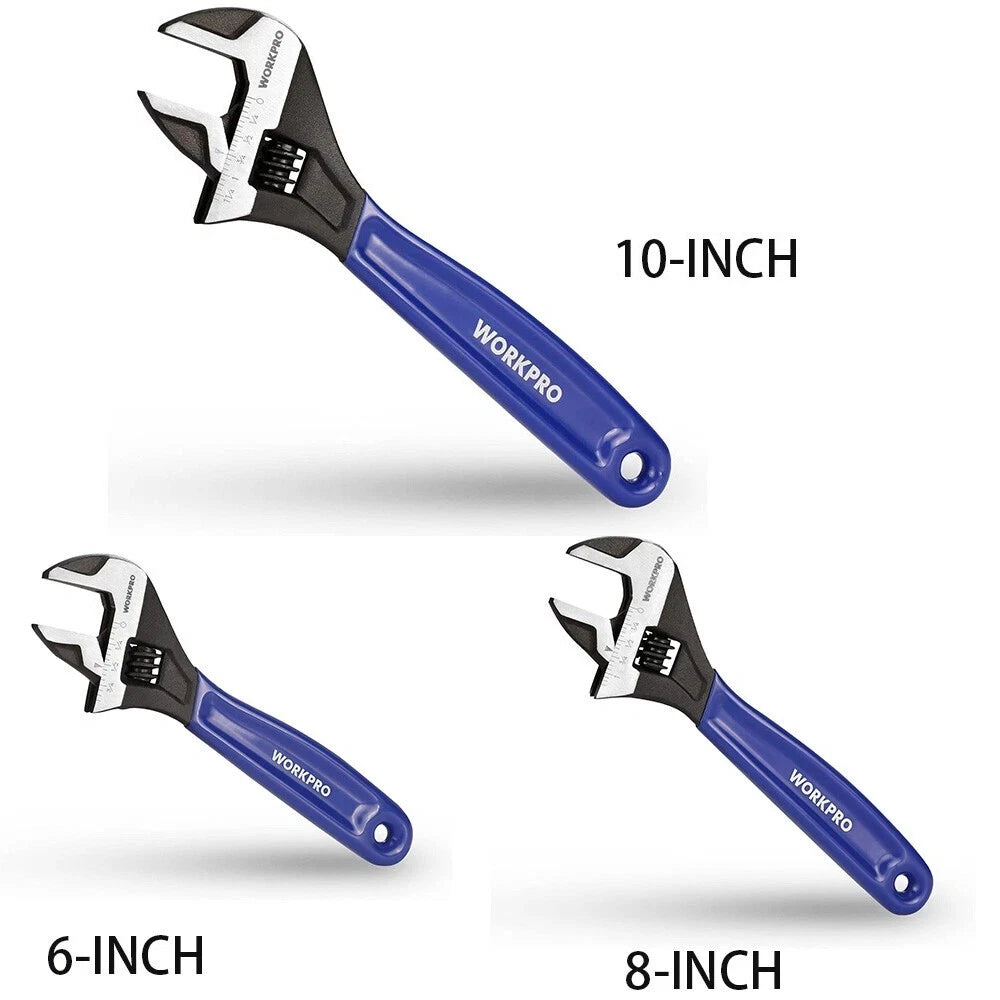 WORKPRO 6"/8"/10" Adjustable Wrench Wide Jaw Wrench Black Oxide Metric SAE Scale