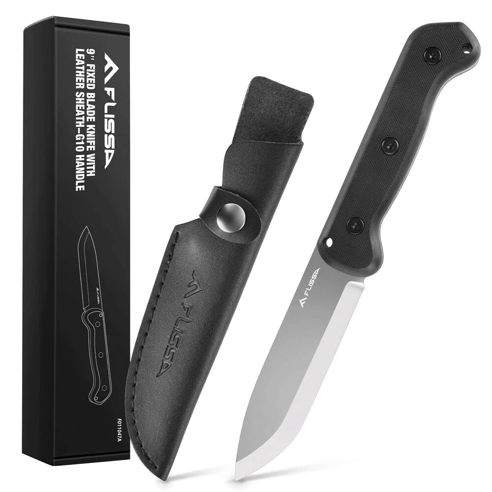 Flissa 9" Fixed Blade Knife D2 Steel Hunting Knife G10 Handle Leather