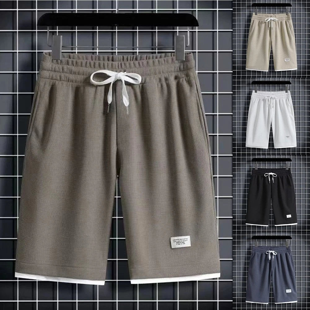 Men's Polyester Casual Shorts Waffle Surface Design Knee Length