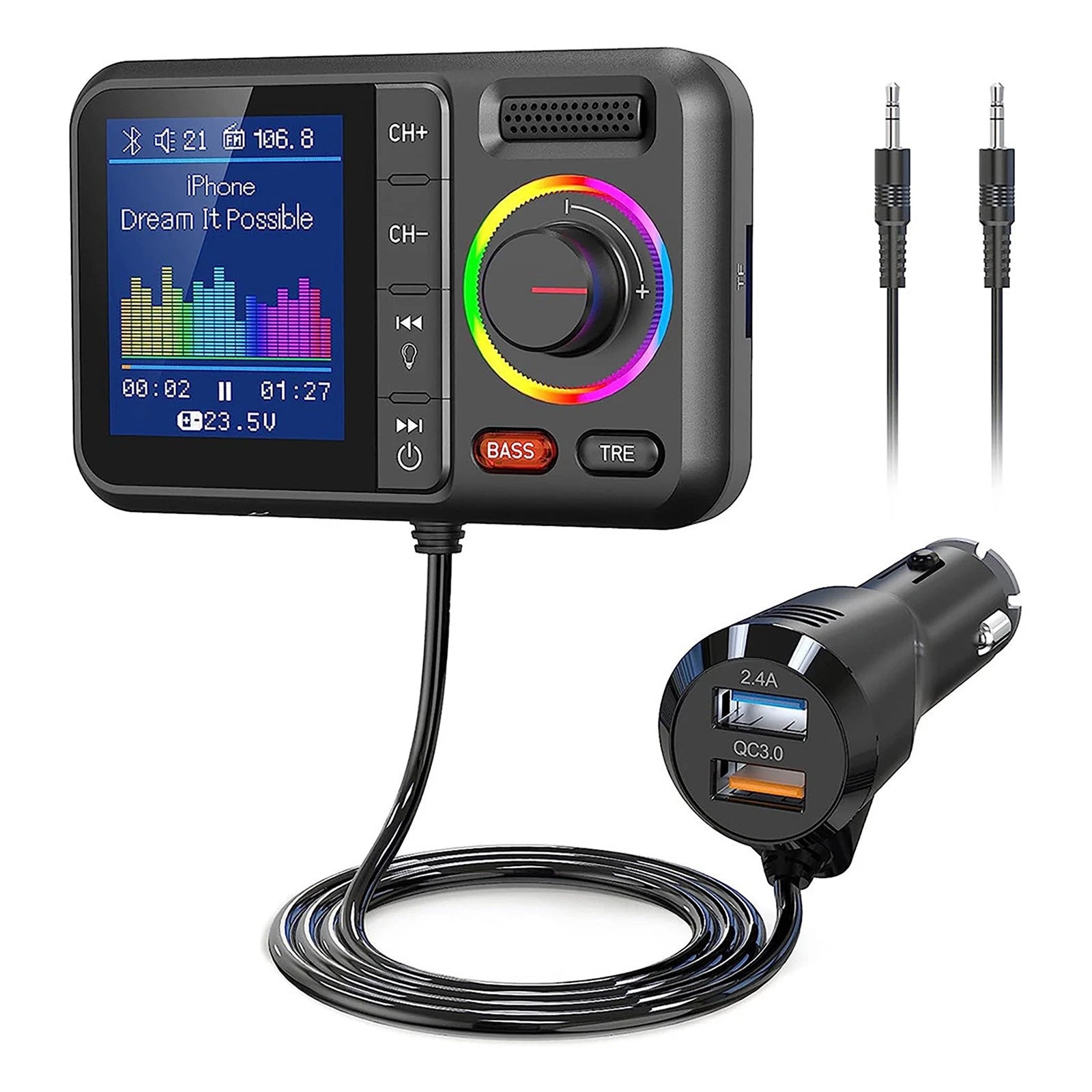 Car Bluetooth 5.0 Wireless Fm Transmitter Adapter 2usb Pd Charger Aux