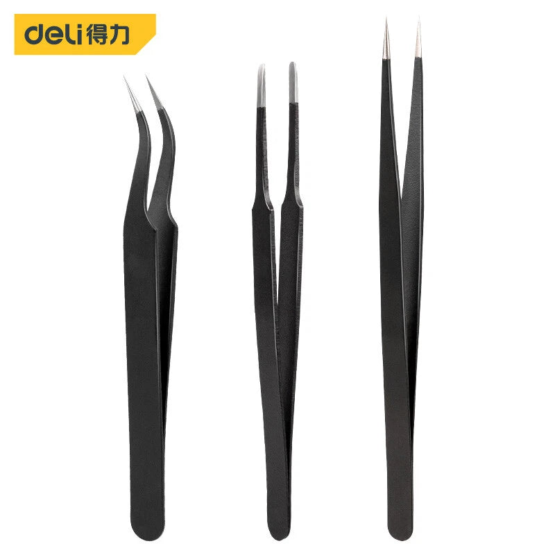 deli  Precision Soldering Tweezers Forceps Industrial Repair Tools Phone Laptop