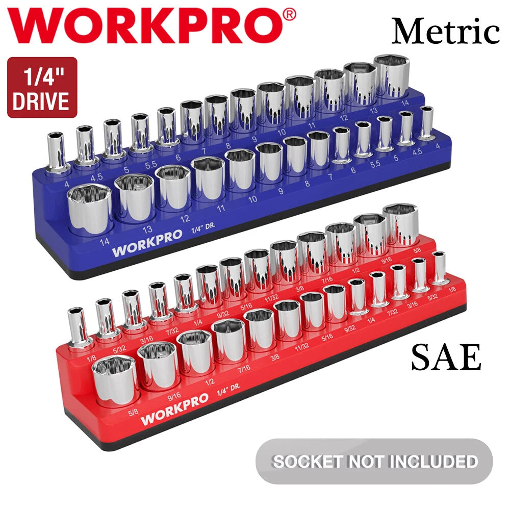 WORKPRO 1/4" Magnetic Socket Organizer SAE/Metric Hold 26PC Standard Deep Socket