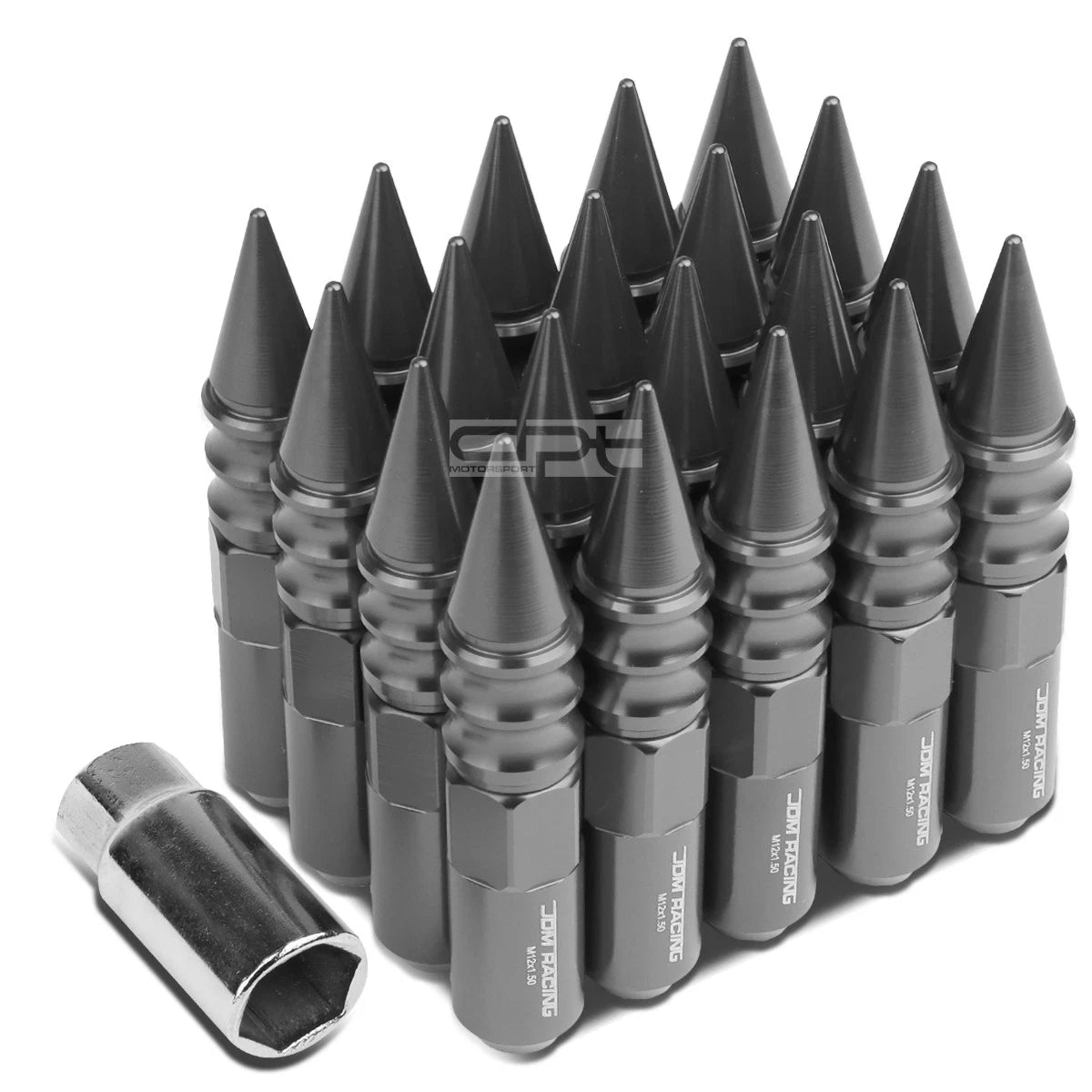 20 M12x1.5 107mm Tall 20mm Od Gun Metal Aluminum Jdm Spiked Cap Lug