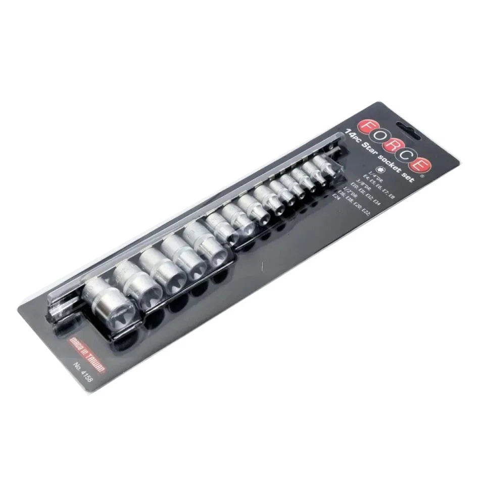 Force 4158 1/4" 3/8" 1/2" Dr. Torx E-star Female Socket Set: E4-e24