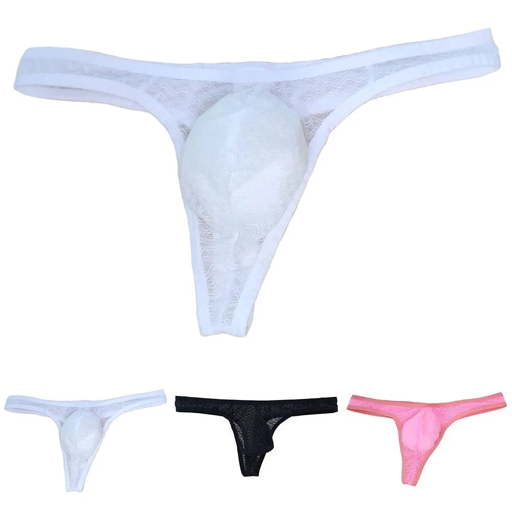 Mens Sheer Lace Jacquard Thong Panties Underwear With Bulge Pouch
