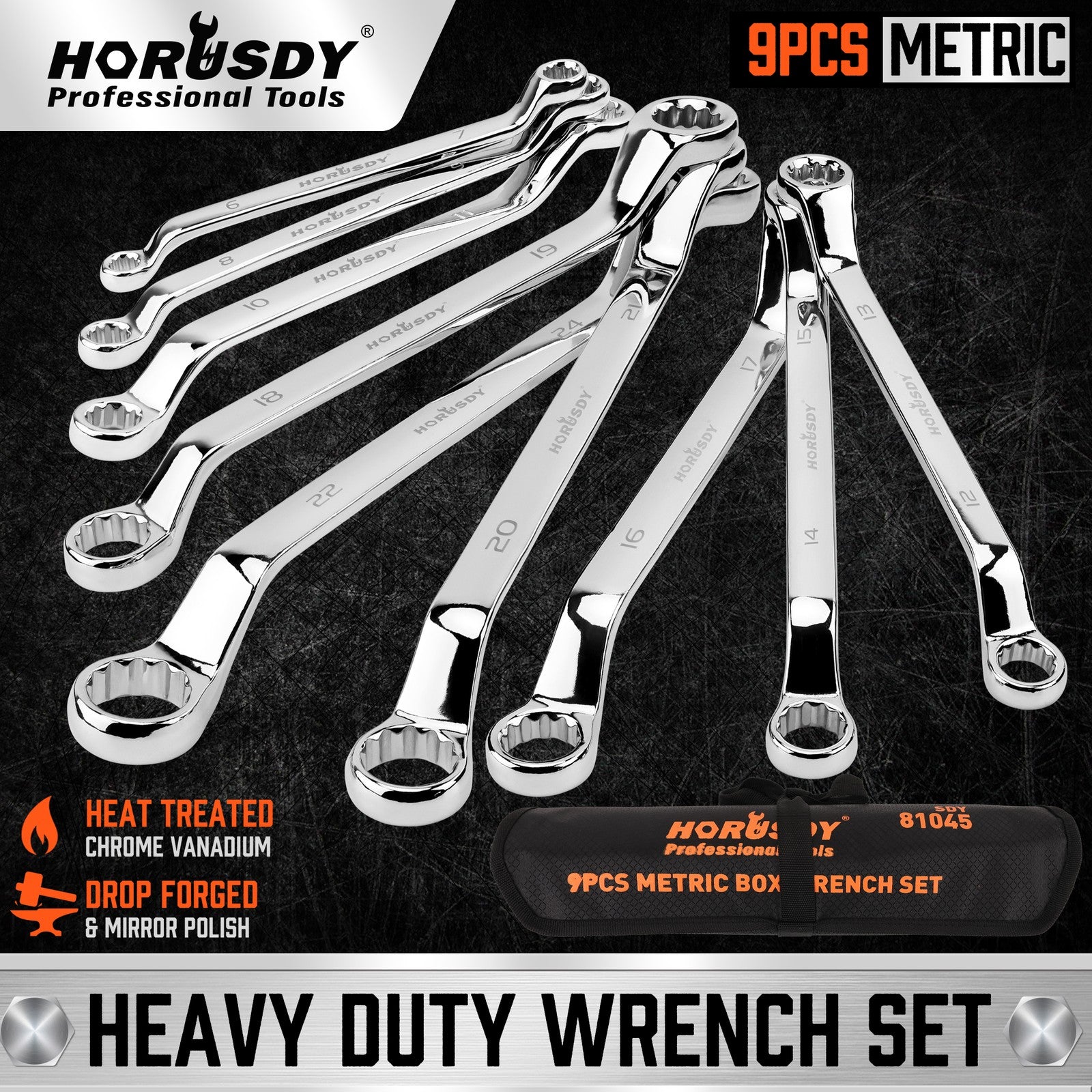 9PC Offset Box Wrench Set with Rolling Pouch