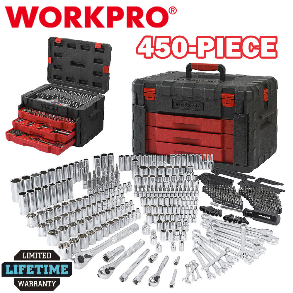 WORKPRO 450 Pieces Mechanics Tool Set SAE/METRIC SOCKETS With 3 Drawer