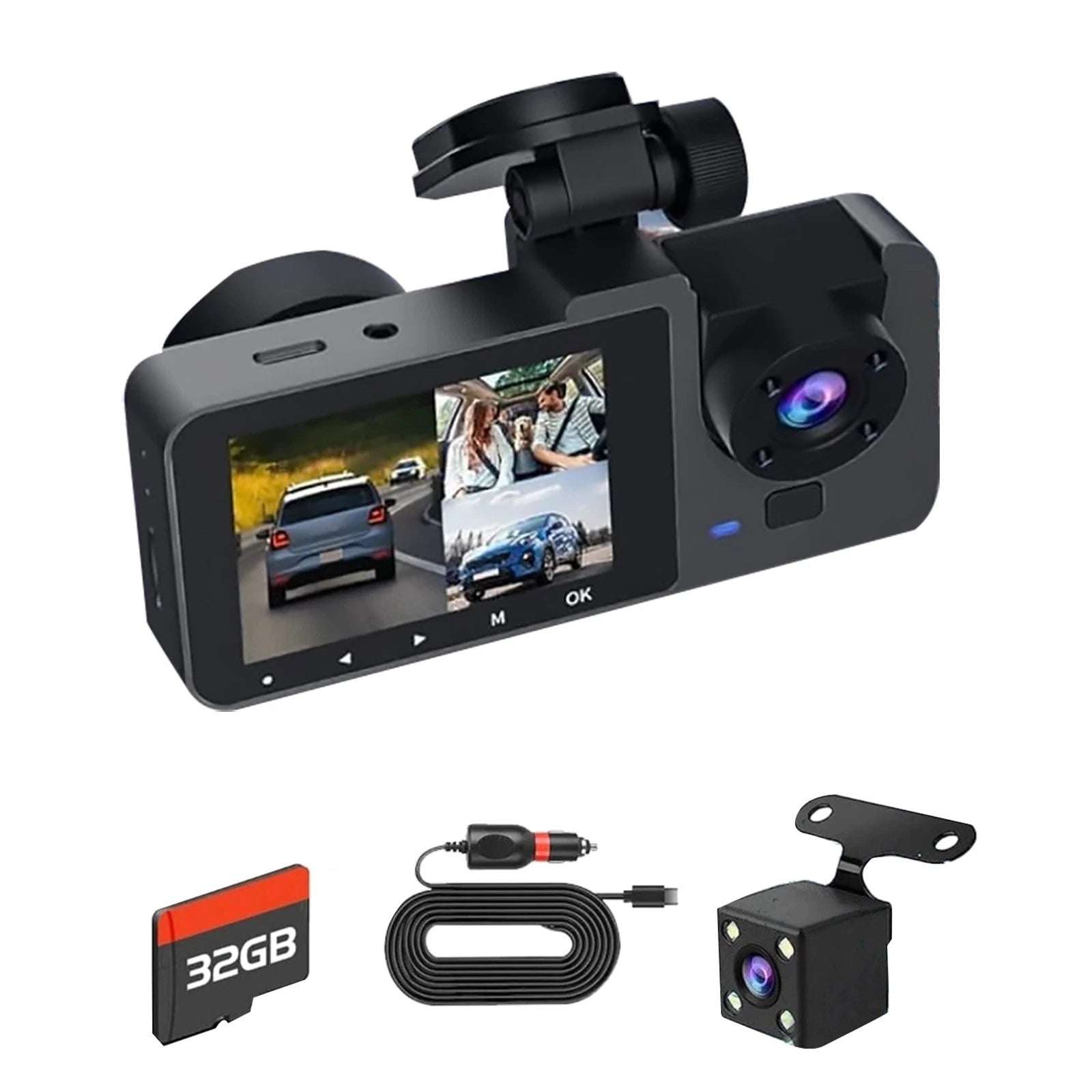 Car Dash Camera 3 Channels Front Rear Cabin Wifi App 32gb Card Loop