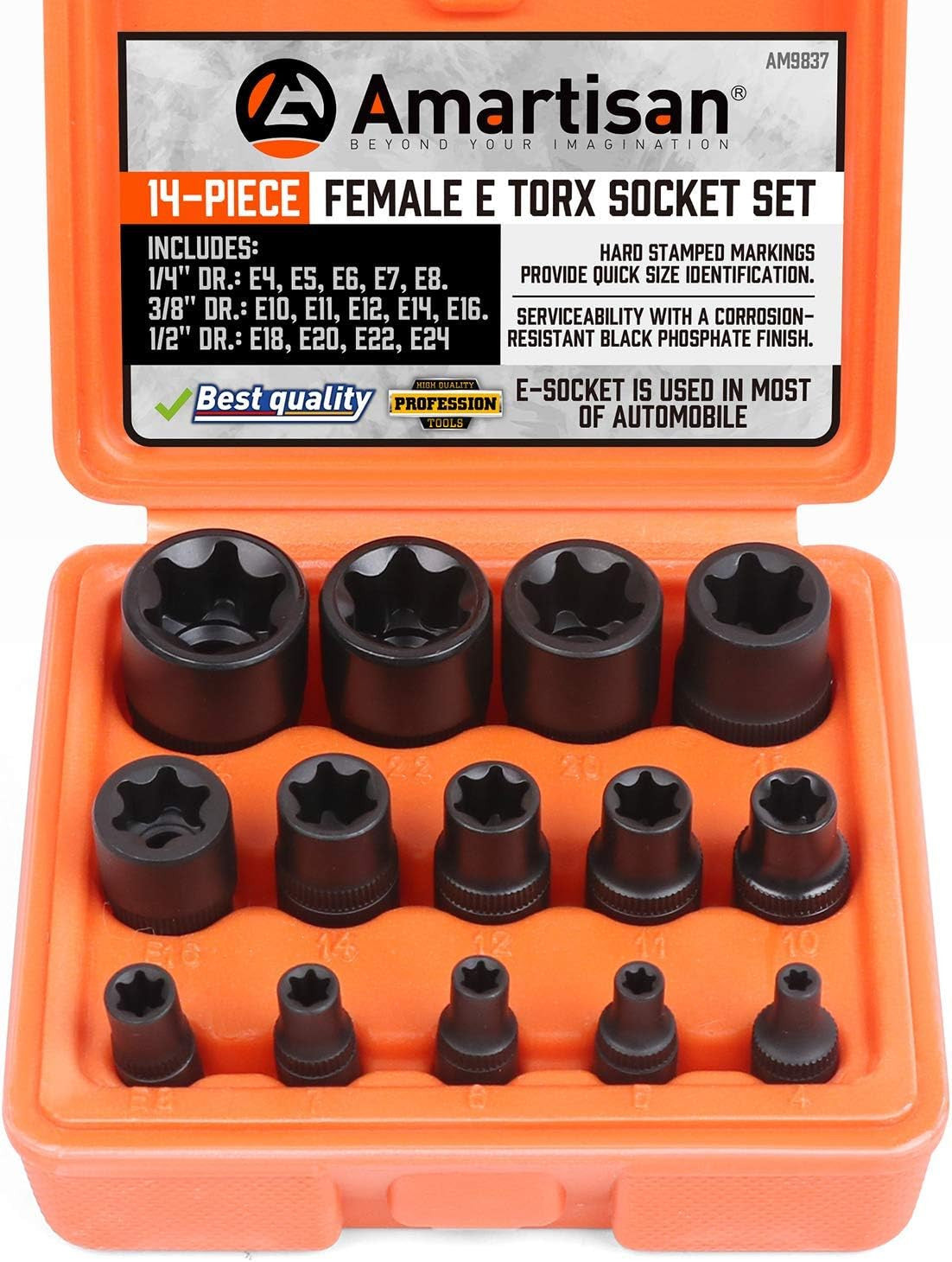 14 Pc Female E-Torx Star Socket Set/Rail, 1/4" 3/8" 1/2" Drive, E24