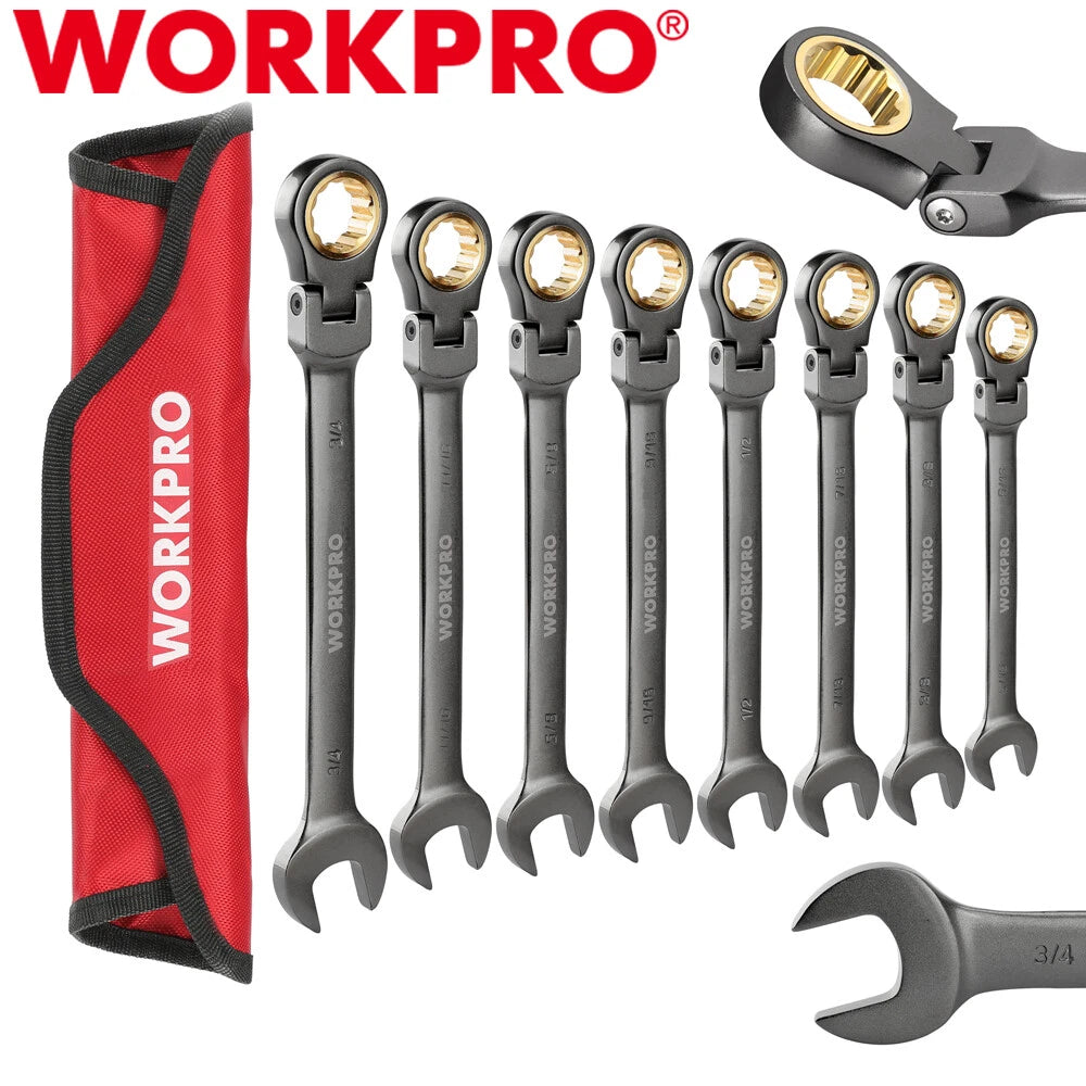 WORKPRO 8PC Flex-Head Ratcheting Combination Wrench Set SAE 5/16-3/4 in 72-Teeth