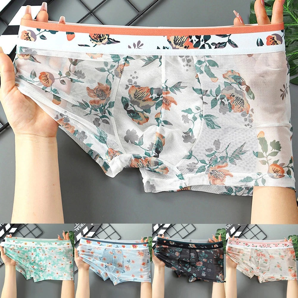 Stylish Men's Mesh Trunks Underwear With Printed Design And