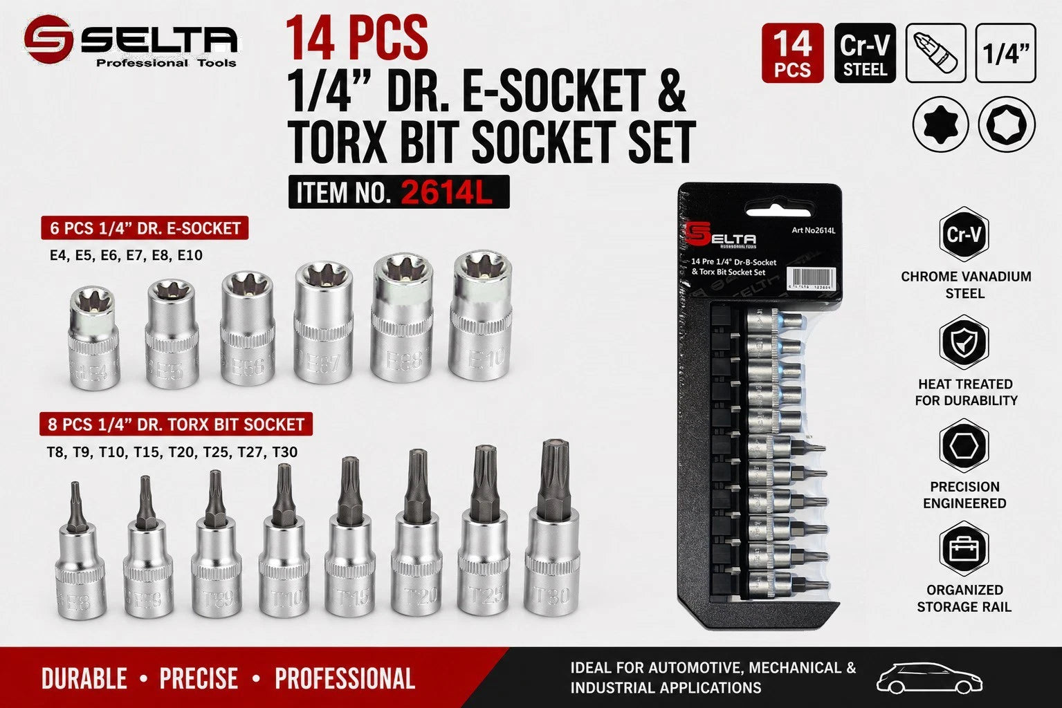 Selta Taiwan 1/4" Dr. Female E4-e10 E-socket & T8-t30 Torx Star Bits