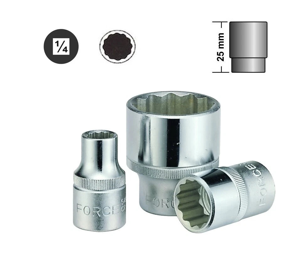 Force/selta/hu<wbr/>sky 1/4" Dr. 12pt Double Hex 25mml Flank Socket